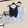 Women's Summer In Matching Set Korean Elegant Casual Sunscreen Shirt+Knitted Tank Top+Denim Shorts Three Piece Female Suit