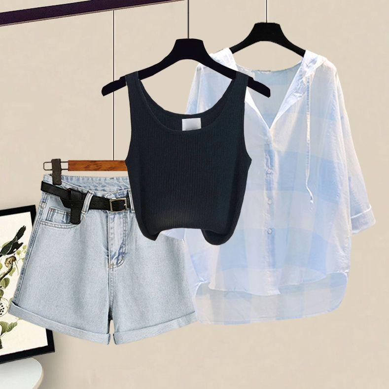 

Women s Summer in Matching Set Korean Elegant Casual Sunscreen Shirt+Knitted Tank Top+Denim Shorts Three Piece Female Suit S