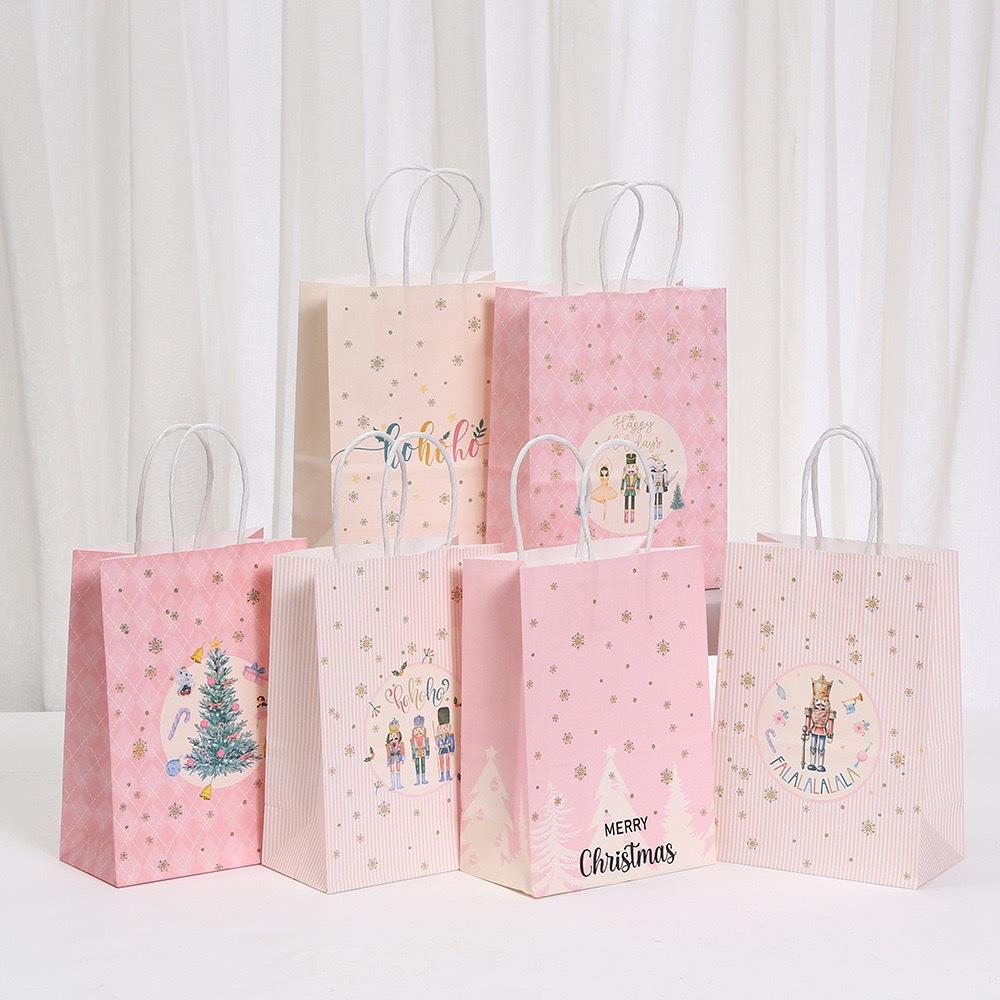12/30pcs  Pink Christmas Paper Gift Tote Bags with Handles Holiday Party Favor Bags for Packing Small Gifts