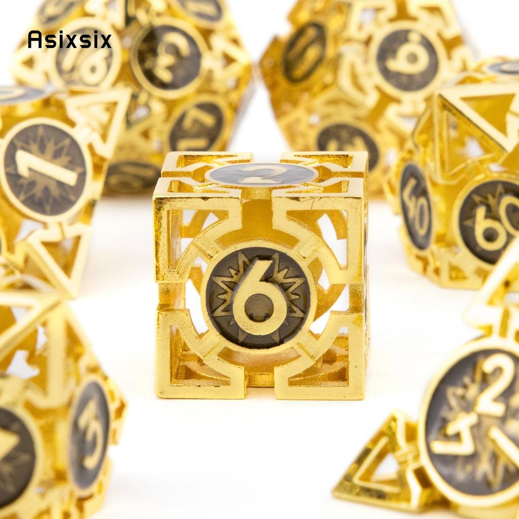 7-teiliges goldenes schwarzes Metallwürfel-Set mit kreisförmigen, hohlen Metallwürfeln, geeignet für Rollenspiele, RPG-Brettspiele, Kartenspiele