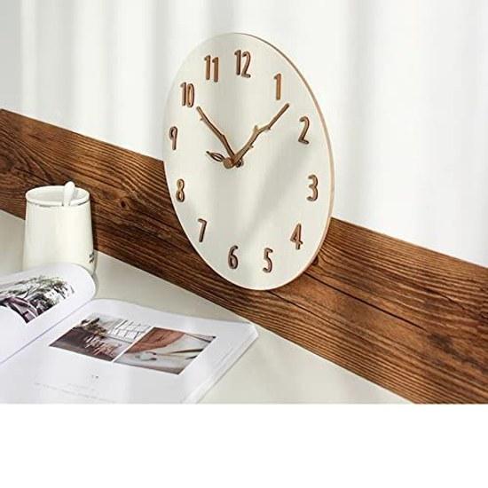 Wall clock wood stylish Nordic silent wall-mounted round frameless cute 12 inches (diameter 30 cm) natural solid panel 3D three-dimensional numbers