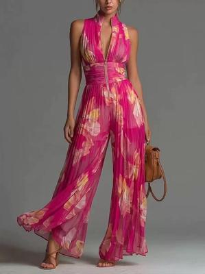 2026 European Style Women's Printed Chiffon Split Halter Pleated Bodycon Jumpsuit