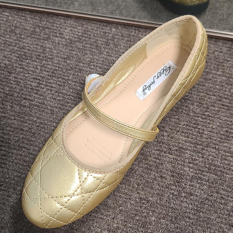 Gentle fairy pearl rhombus flat-bottomed shallow mouth ballet single shoes female retro Mary Jane shoes small leather shoes