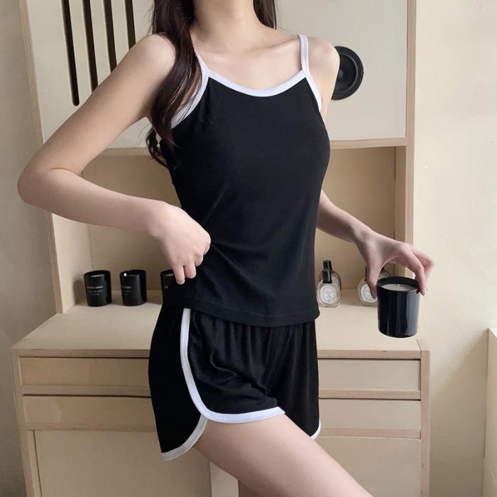 Women's Casual Summer Pajamas with Chest Pads - Suspender Shorts Set