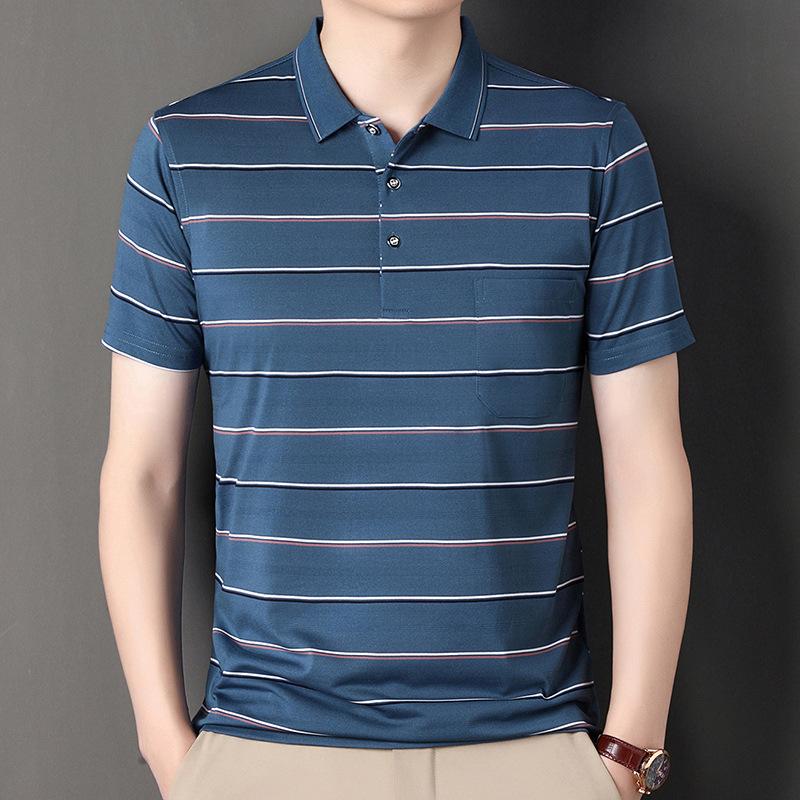 

Мужская футболка в полоску без железа с короткими рукавами, повседневная тонкая дышащая рубашка поло с настоящим карманом, летняя футболка с короткими рукавами среднего возраста M