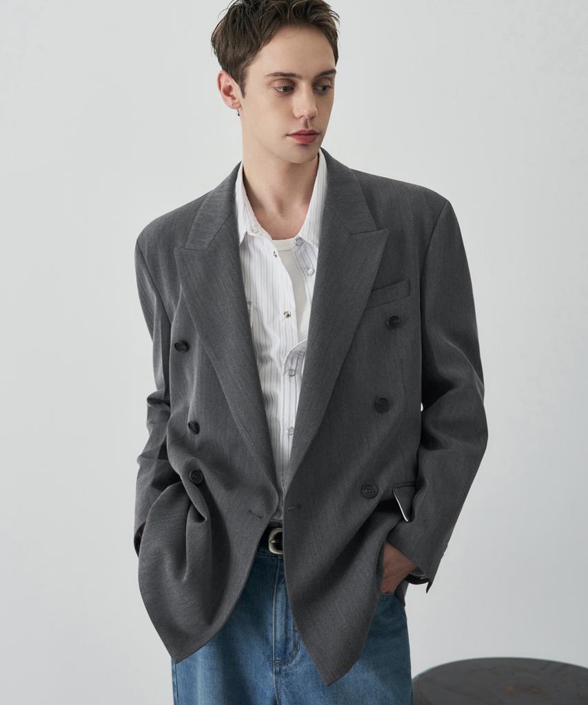 Draw Fit Herringbone Tailored Double Blazer [Grey]