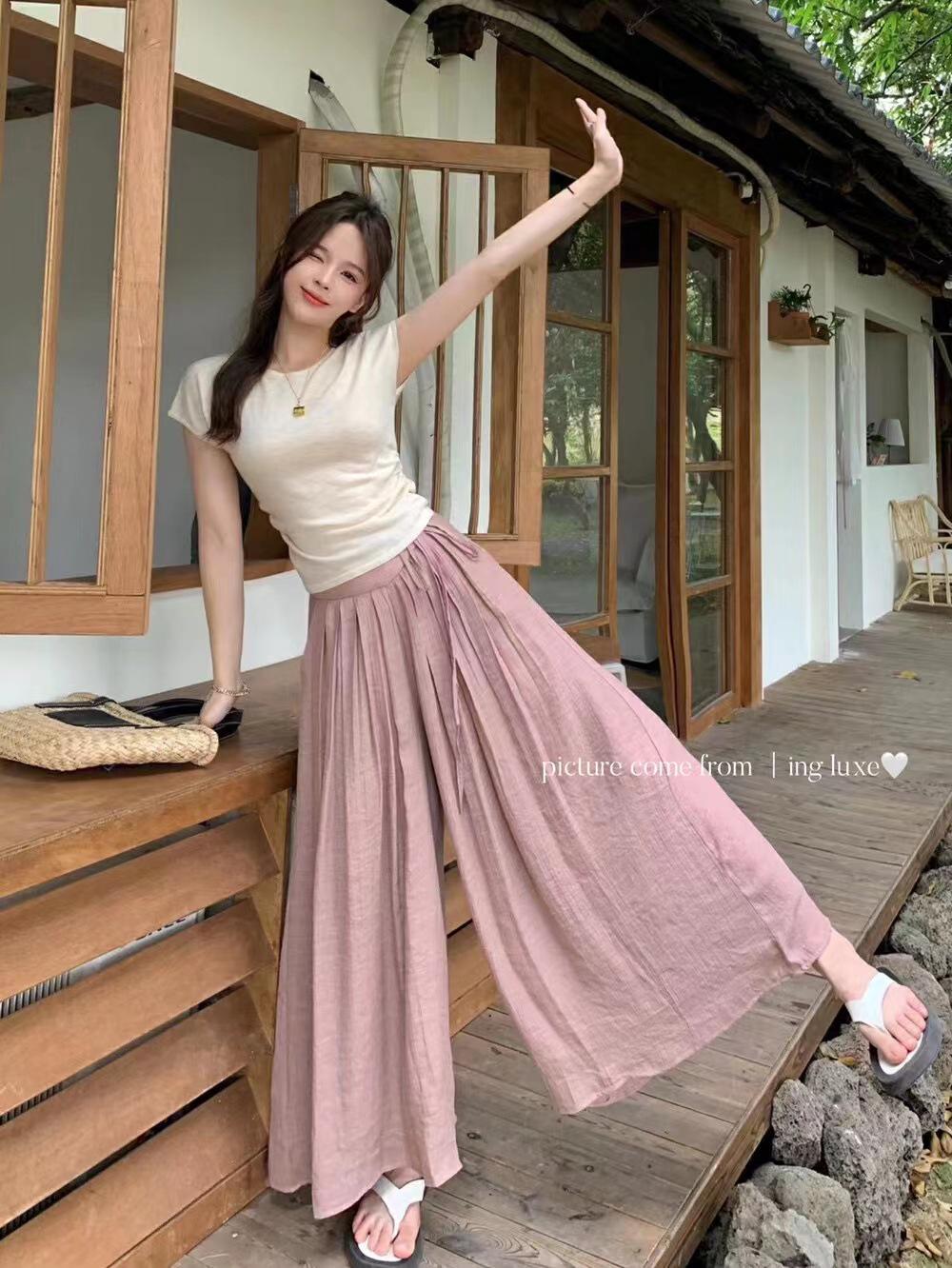 

2023 Spring/Summer Versatile Cotton Linen Tie-Up Retro Culottes One Size рожевий