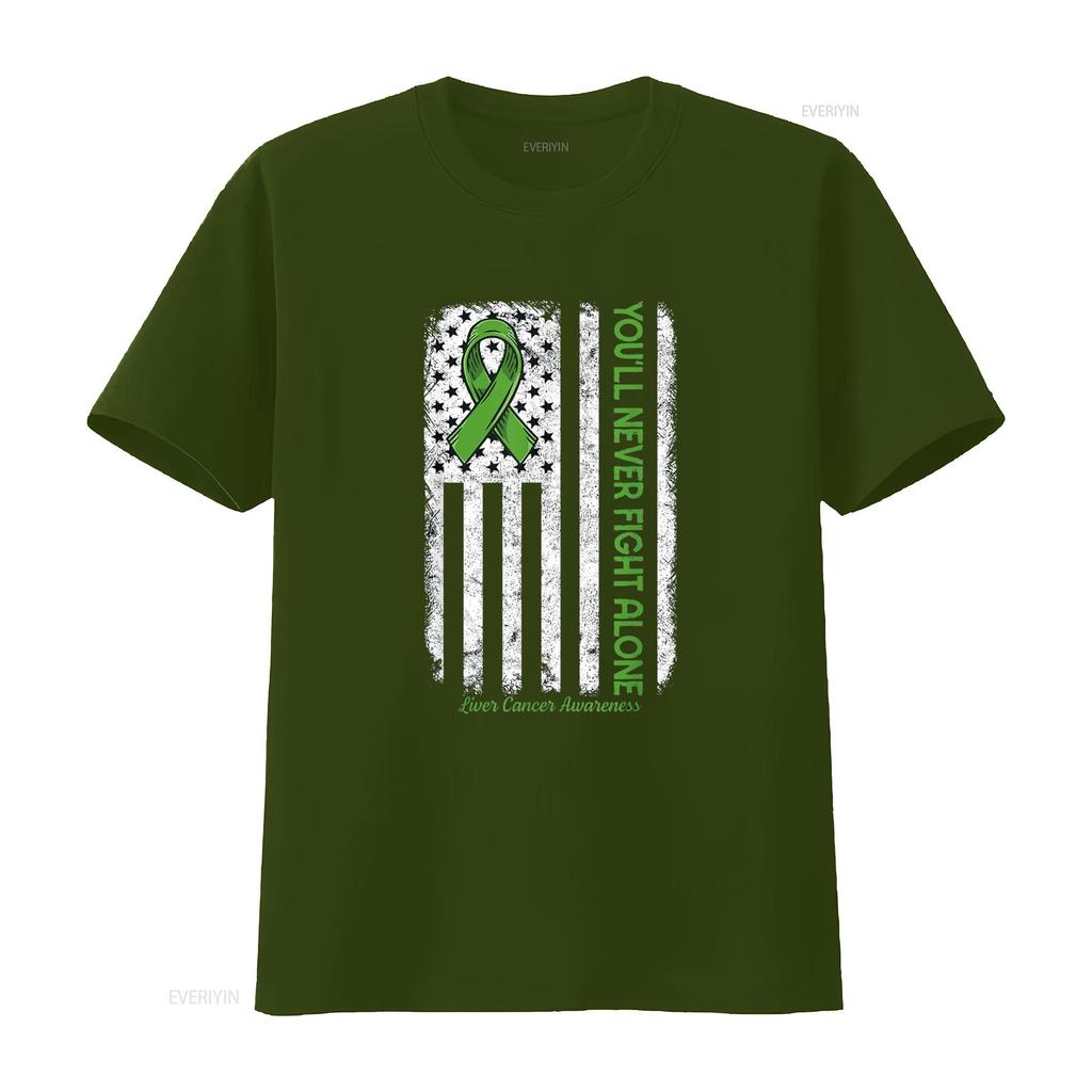 You Ll Never Fight Alone Flag Green Liver Cancer Awareness T Shirt Vintage Washed Versatile Breathable Stretched Casual Stylish