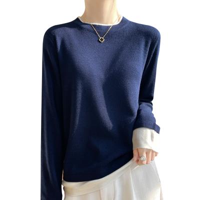 Outono e inverno Colorblocking malha simples fino manga longa feminino gola redonda suéter