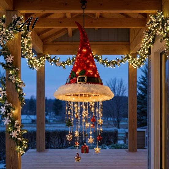 Indoor Christmas Craft Supplies Light‑Up Santa Hat Hanging Chandelier DIY Kit Warm LED String Lights Light Ornaments Pendant with Star Tassel,