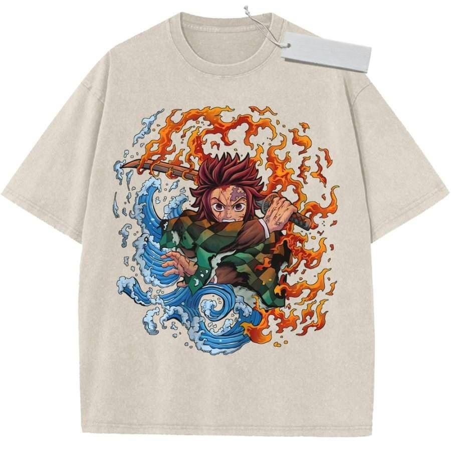 

Summer Mens Black Washed T Shirt Demon Slayer Tanjiro Water Flame Sword High Quality Fabric for Casual Shopping M