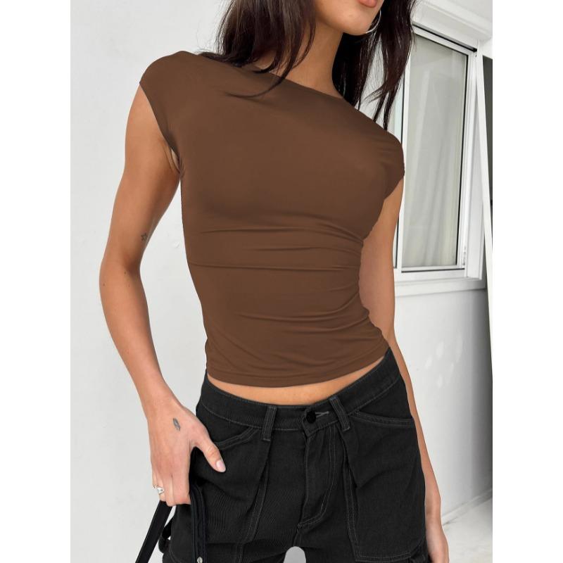 Sexy Ryggløse Sexy Crop T-skjorter Dame Mote Kortermet Slim Fit Hvite T-skjorte Topper Y2K T-skjorte Dame Ensfarget Rund Hals T-skjorter 82
