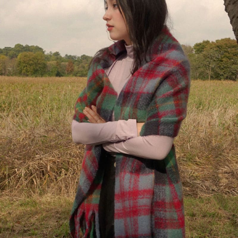 PREMIERE AMOUR Cozy Check Wool Muffler - Green