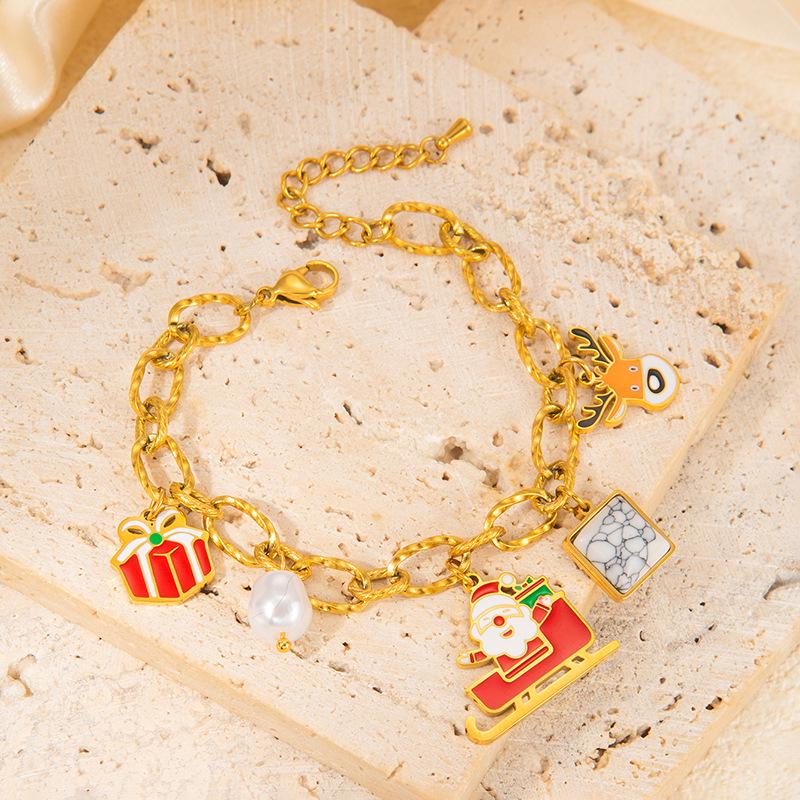 Set de Joyería Navideña de Alta Gama: Collar con Colgante de Reno en Trineo, Pulsera de Árbol de Navidad y Pendientes de Acero de Titanio para Mujer