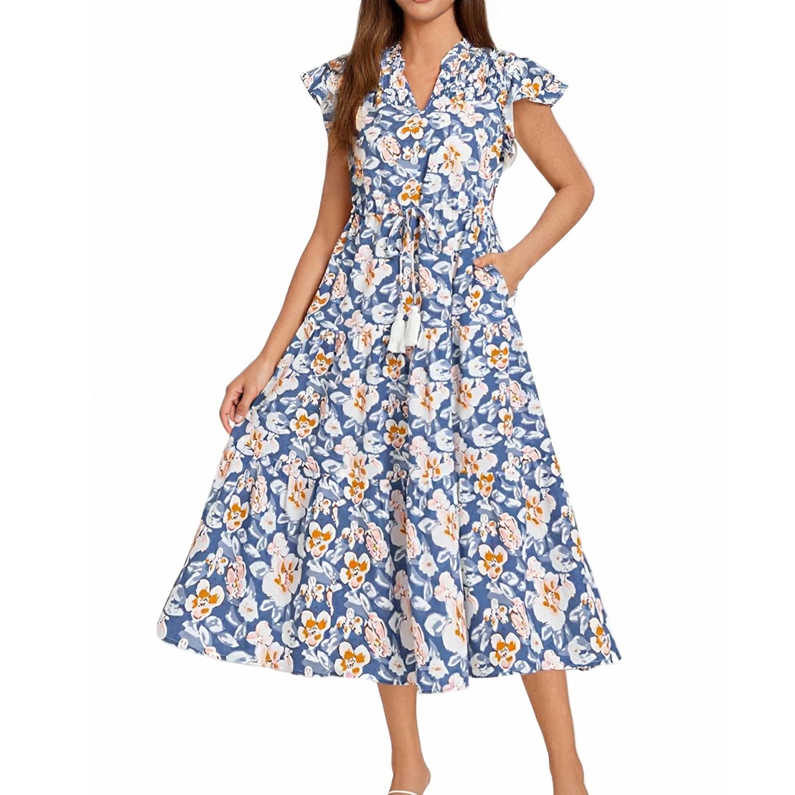 

Women s Short Sleeve Fringe Bohemian Holiday Beach Dress S