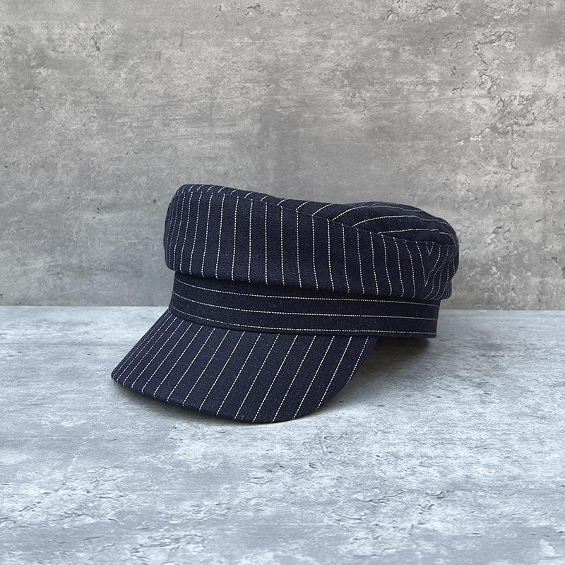 25-Day Striped Flat Top Hat Casual Retro Versatile Linen Newsboy Hat Women'S Spring And Summer Face Small Painter Hat