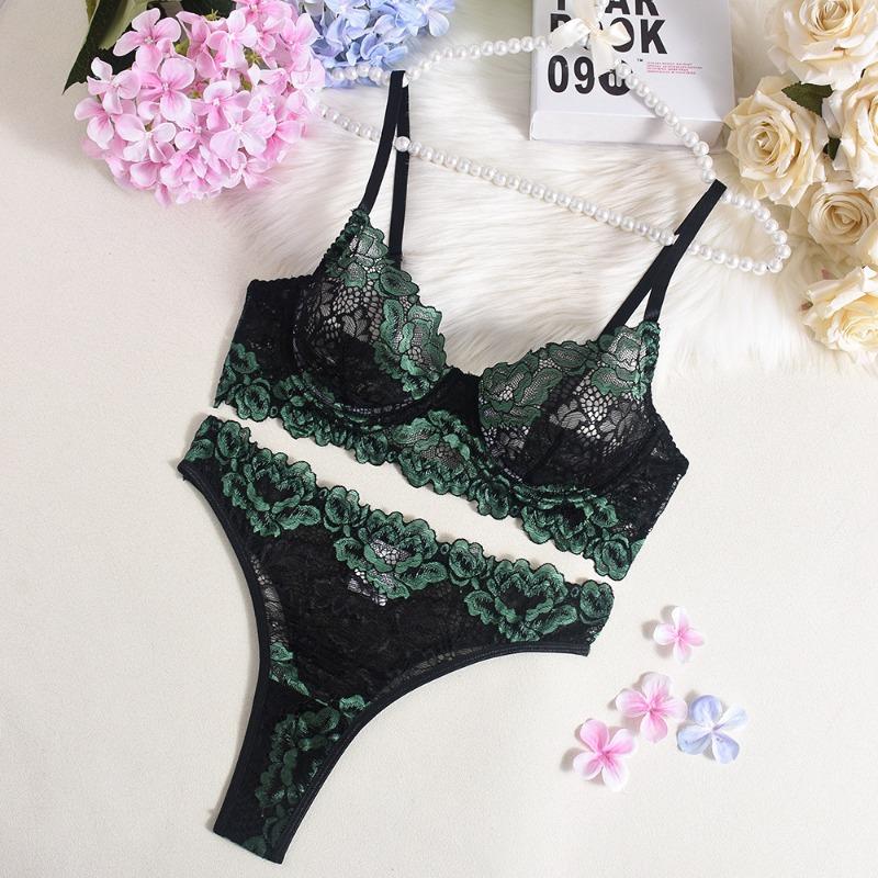 

Contrasting lace bra shaping sexy lingerie set XL темно-зеленого