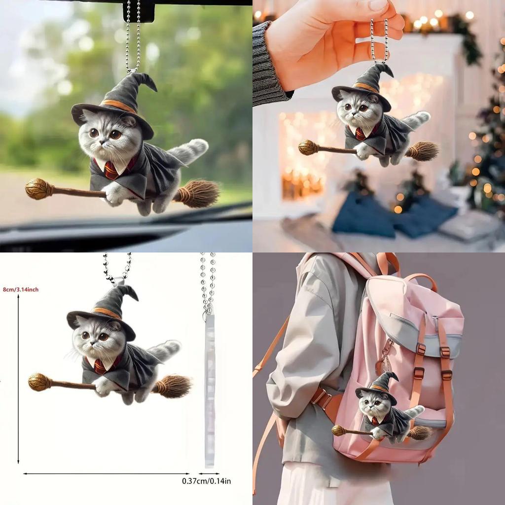 Acryl Flache Oberfläche Auto Ornament Mit Magischer Katze Reitet Besen Design Zur Aufwertung des Autoinnenraums