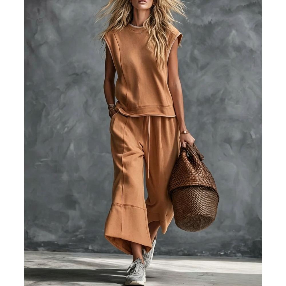 Women s Crew Neck Sleeveless Contrast Trim Tank Top Two Piece Outfit Drawstring Waist Wide Leg Cropped Pants Casual Knit Pant Set S оранжево-красный