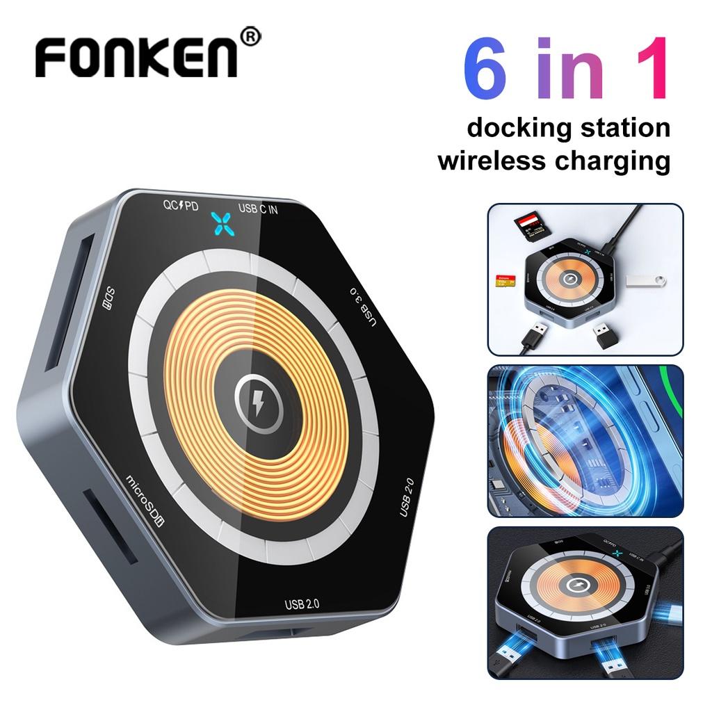 

Fonken 6-в-1 USB C Hub Type C Док-станция 15 Вт Беспроводная быстрая зарядка Устройство чтения карт TF/SD QC/PD Разъем питания для телефона Компьютер