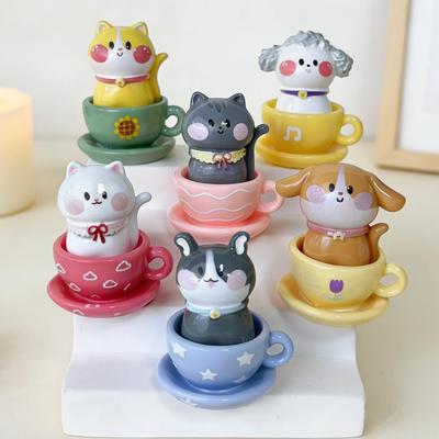 Shin-chan Cute Pet Tea Cup Ornament: Cartoon Cat & Dog Resin Figurines