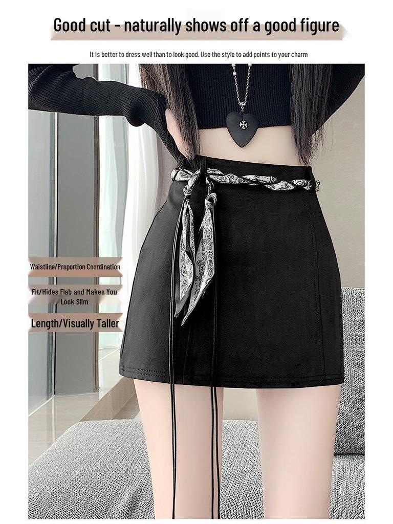 Korean-Style High-Waisted Suede A-Line Bodycon Skirt for Women - Spring/Autumn 2026