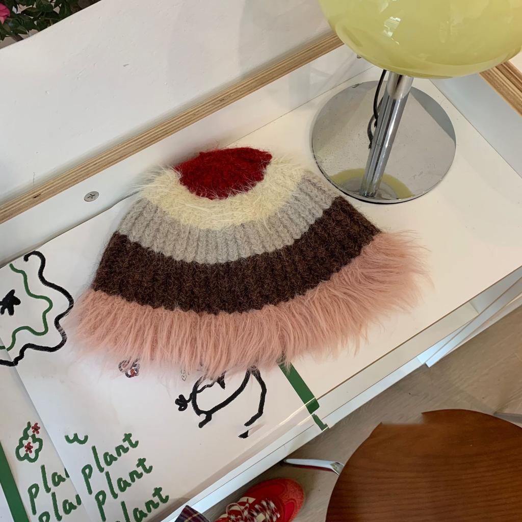 Warm and Cold Hat Versatile Wool Hat Winter Big Head Circumference Women's Face Small Colorful Striped Fisherman Hat Small Flower Pile Hat