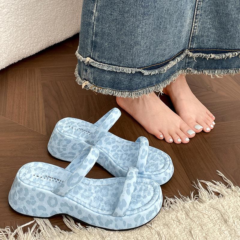 Pink Leopard Print with Skirt Thick-soled One-word Slippers Women's Summer Wear 2025 New High-end Versatile Cool Slippers