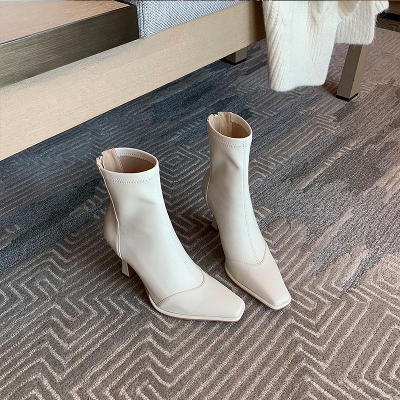 High-heeled Short Boots Women's 2025 Autumn and Winter New Korean Version Splicing Zipper Internet Celebrity Thin Boots Square-heeled Elastic Boots
