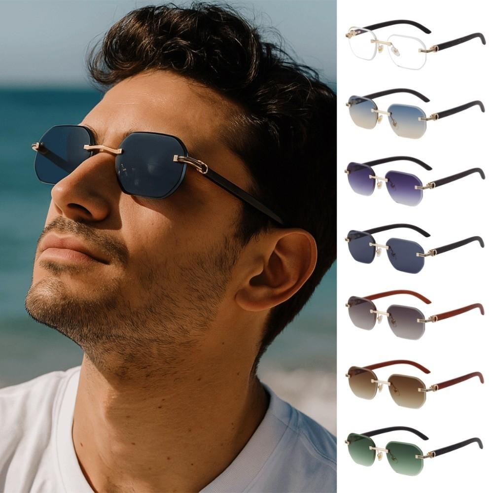 Wood-grain Glasses Temple Frameless Sunglasses Multicolor Men UV400 Eyewear  Unisex