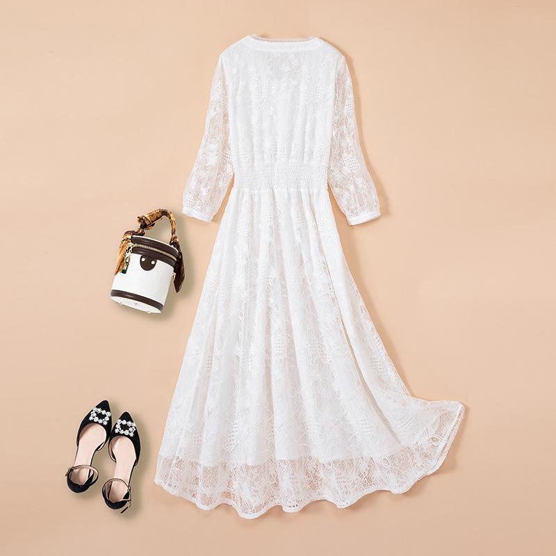 Sukienka damska plus size jesień 2023 francuska biała koronkowa sukienka z rękawami 3/4, długość midi