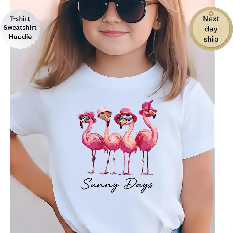 Flamingo Shirt for Girls, Sunny Days Tee, Cute Kids Shirt, Pink Flamingo Graphic Tee, Toddler Girl Outfit, Beach Vacation Kids T-Shirt 160