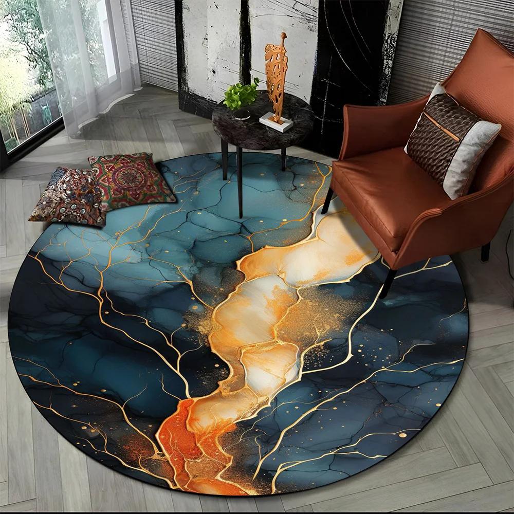 3D Luxurious Colour Marble Blue Green Gold Round Carpet Rug for Living Room Bedroom Child Chair Decor,Pet Area Rug Non-slip Mat