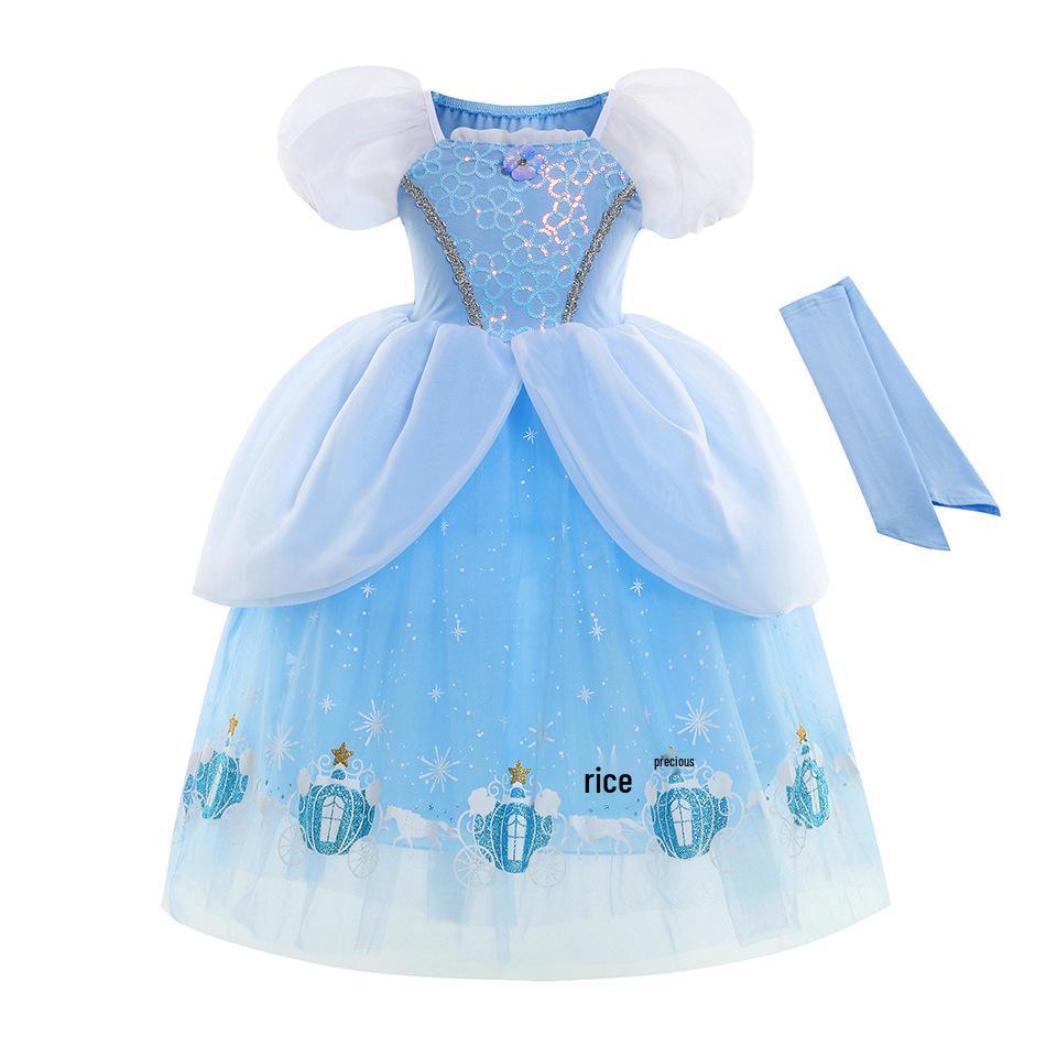 Children's Pure Cotton Cinderella Puffy Dress - Elsa Princess Style for Halloween & June 1st Children's Day.