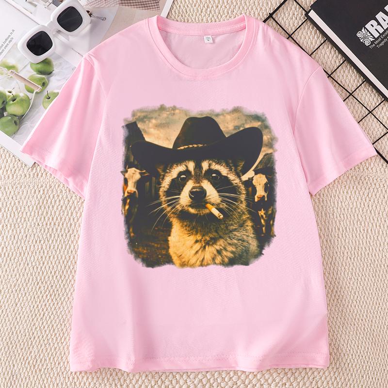 Funny Cowboy Raccoon TShirt Animal Meme Graphic Tee Vintage Comfortable Cotton Short Sleeve Loose Tees Streetwear