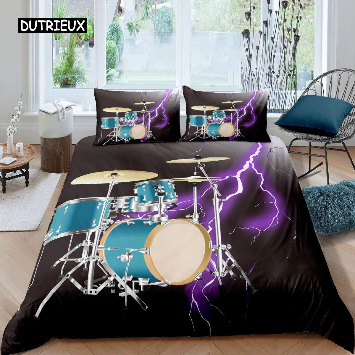 

Синий комплект постельного белья с барабанной установкой из микрофибры, рок-н-ролл, поп-музыка, комплект постельного белья для двоих, музыкальный инструмент, блестящие линии, чехол для одеяла 140x200cm 3pcs