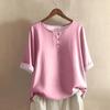 Dames O-hals Blouse met Driekwartmouwen Losse Pasvorm Casual Katoen Linnen Top Effen Kleur Knopen Henley Top