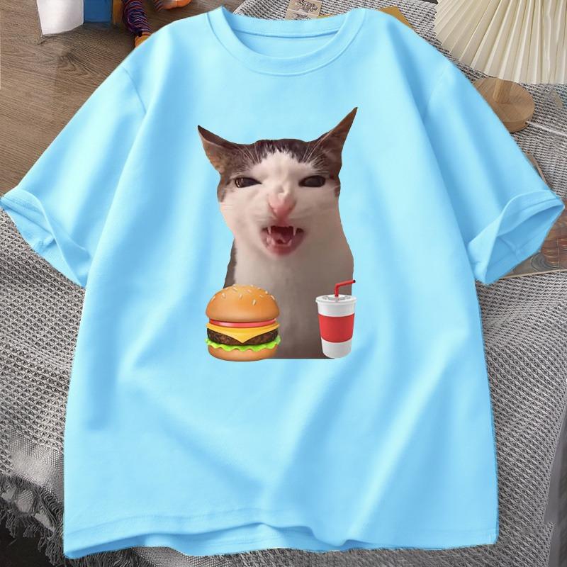 Cat Crunching Food Meme Tshirt Women Unisex Silly T Shirts Funny Cat Eating TShirt Cotton Short Sleeve Graphic Tees Streetwear