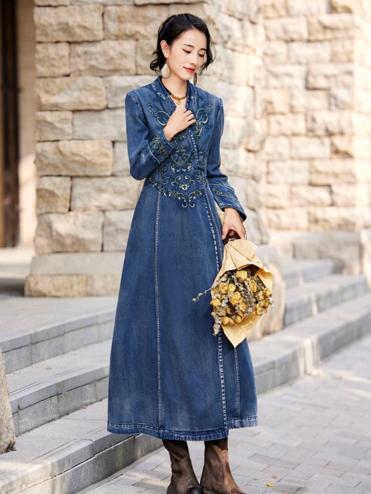 Johnature Women Spring Fashion Vintage Embroidery V-Neck Denim Dress Loose Retro Casual Dress