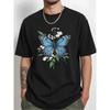 Men'S Black Graphic T-Shirt with Vibrant Blue Butterfly & Floral Design Casual Short Sleeve Crew Neck, Perfect for Surfing & Summer Sports, Beachwear