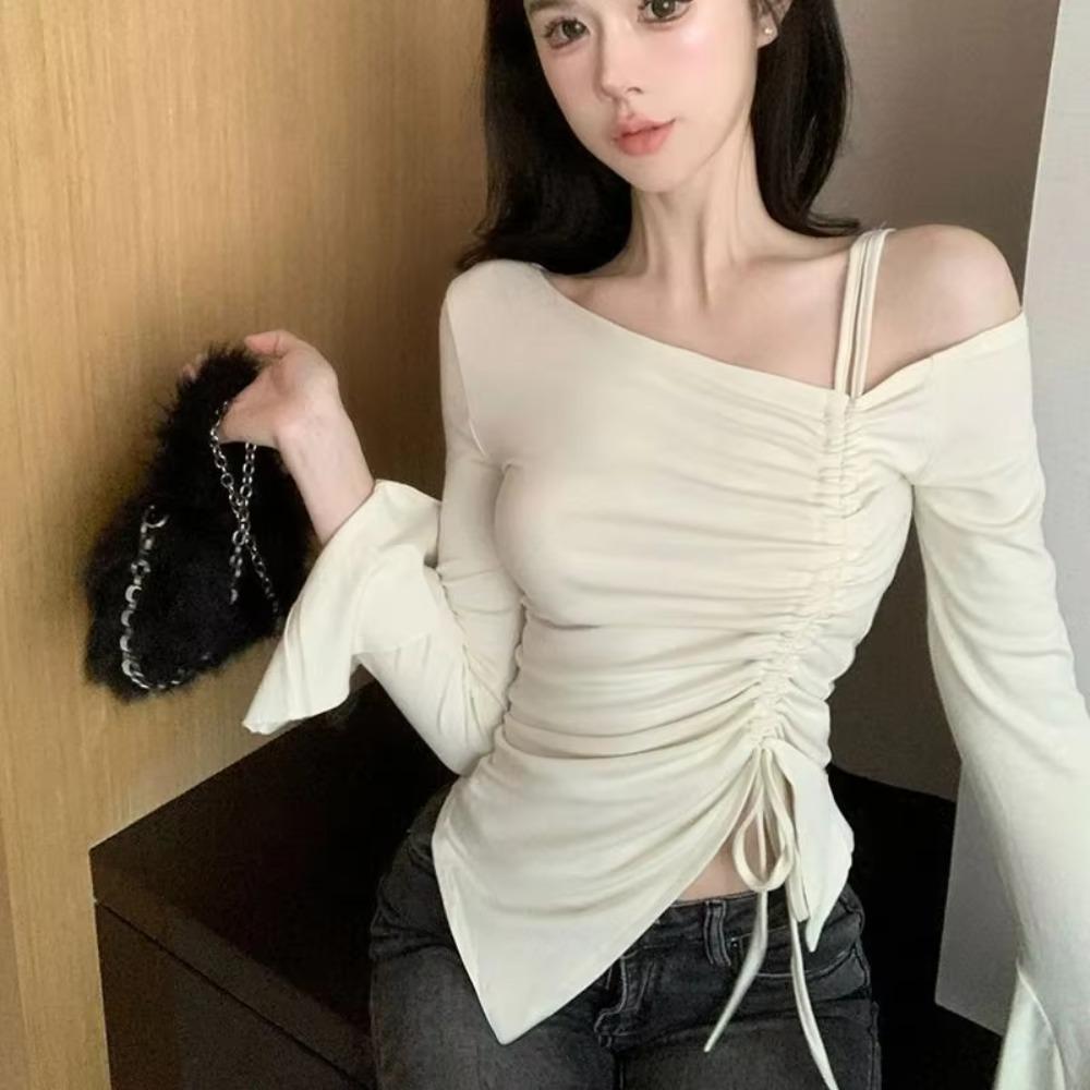 VAYLA Spring Autumn Flare Sleeve T Shirts Women Solid Bodycone Basic Long Sleeve Crop Tops Casual Shirring Off-shoulder Tees