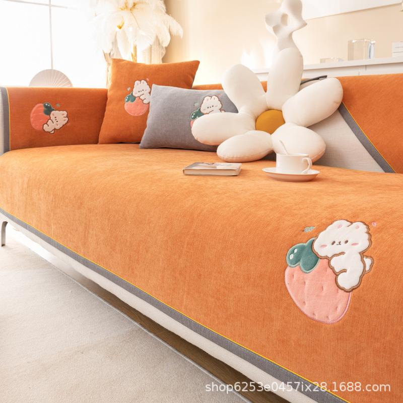 Chenille Heavy Weight Sofa Cushion Four Seasons Universal Strawberry Rabbit Cushion Non-Slip Leather Sofa Cover Backrest Towel Cover Cloth
