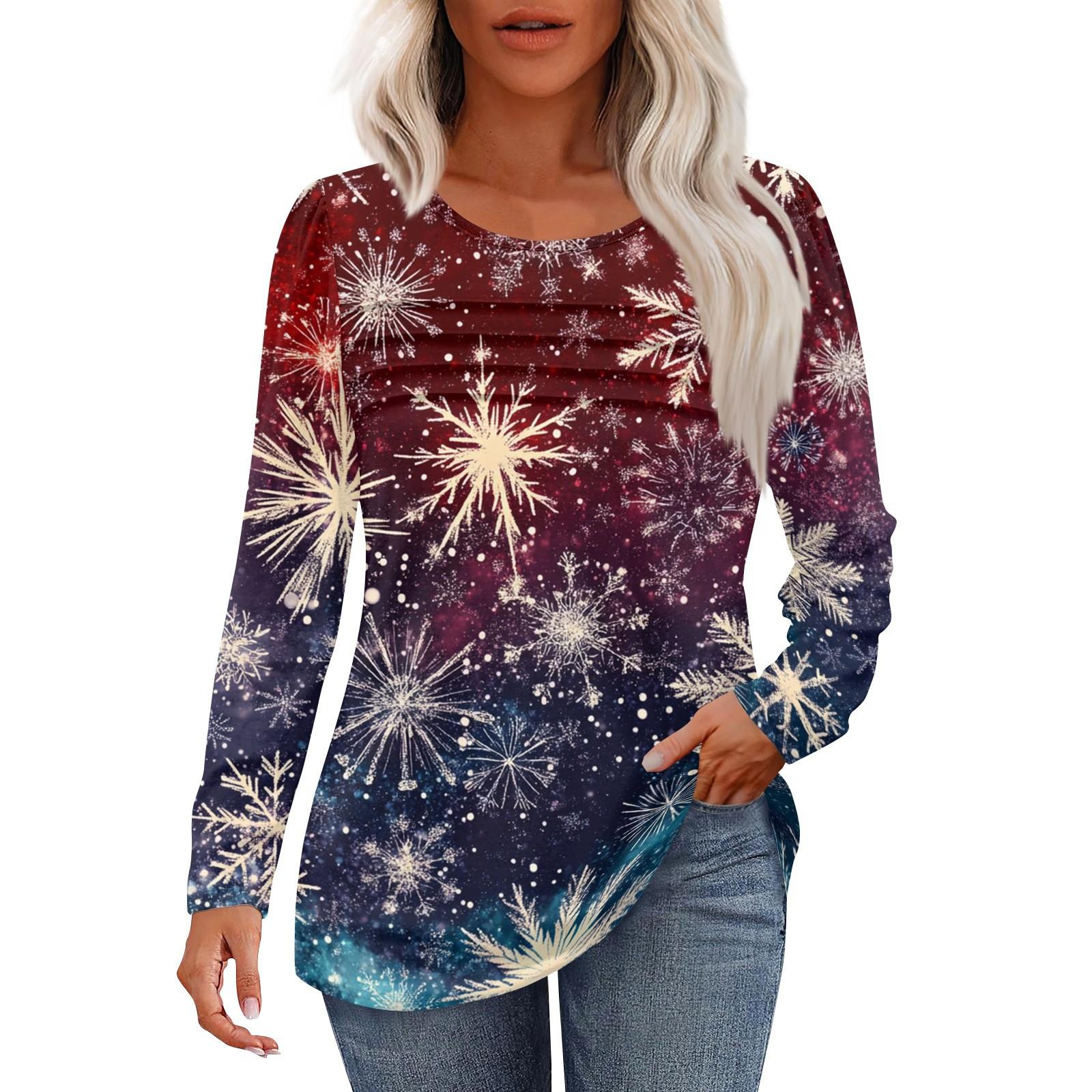 

Женская повседневная мода рождественский принт круглый вырез плиссированный длинный рукав топ XXXL