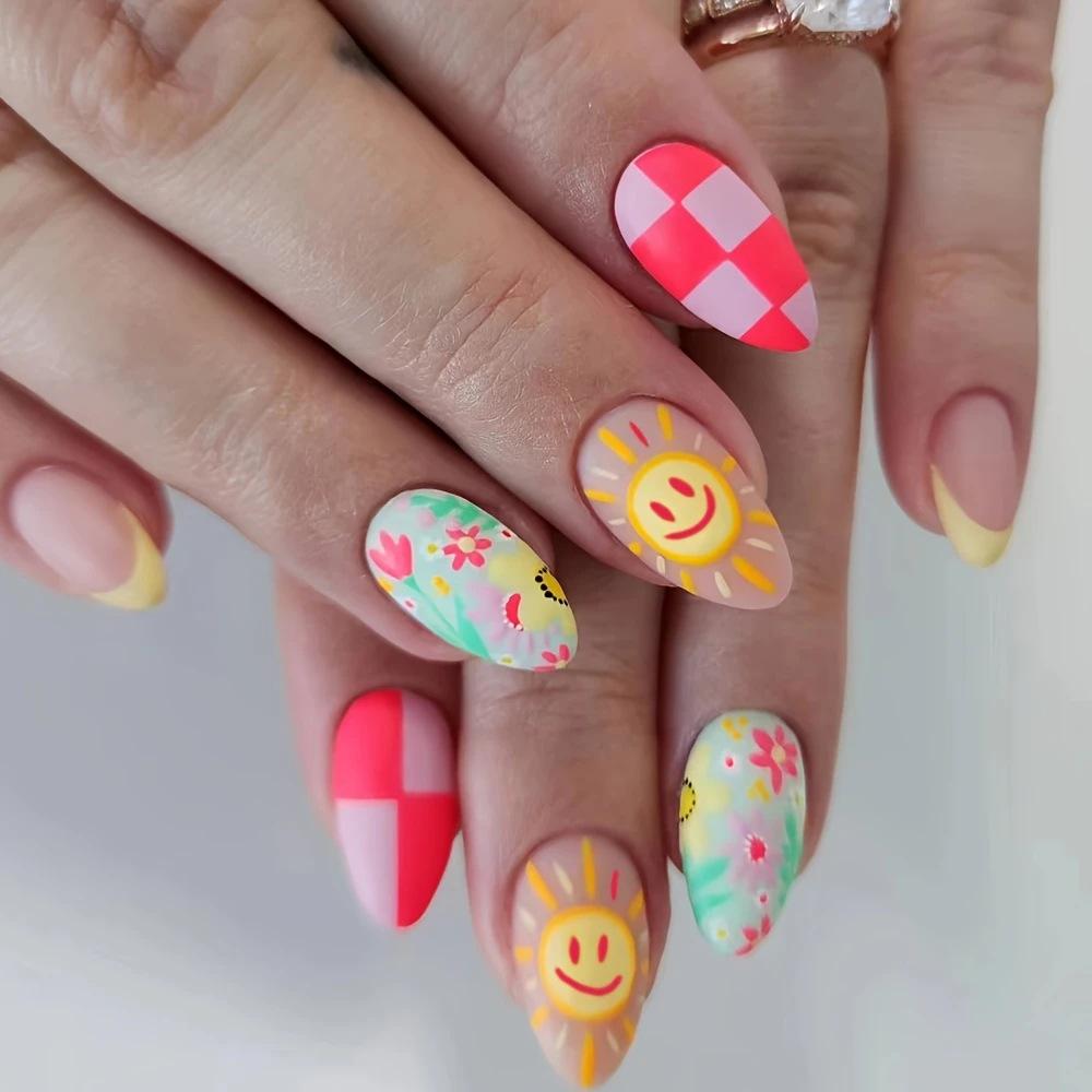 European and American hot-selling nail art collection, sweet and cool plaid cartoon medium and long almond-shaped wearing nail piece