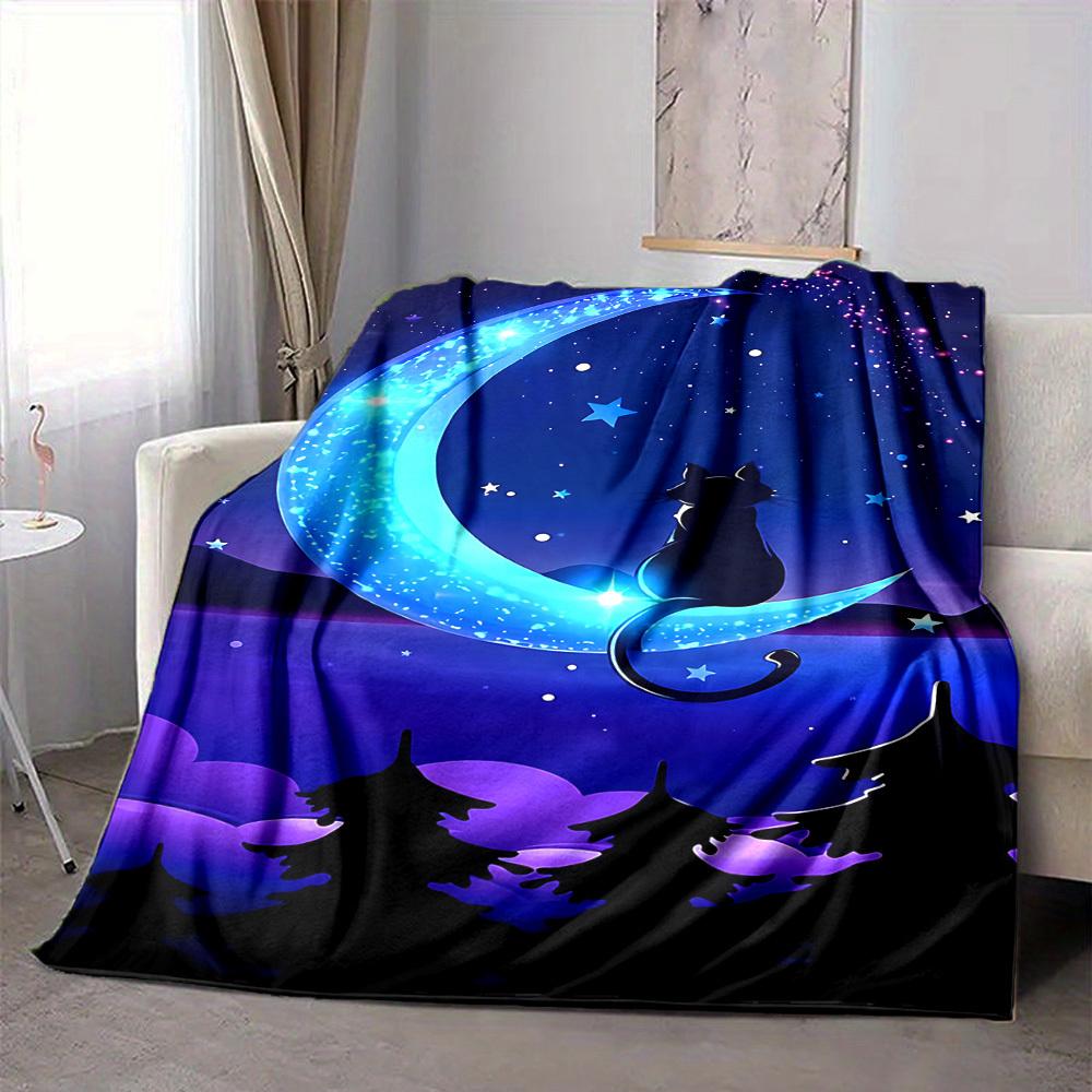 1pc Moon Cat Lightweight Flannel Blanket, Comfortable and Warm Blanket, for Office and Camping Sofa Bed, Livingroom032