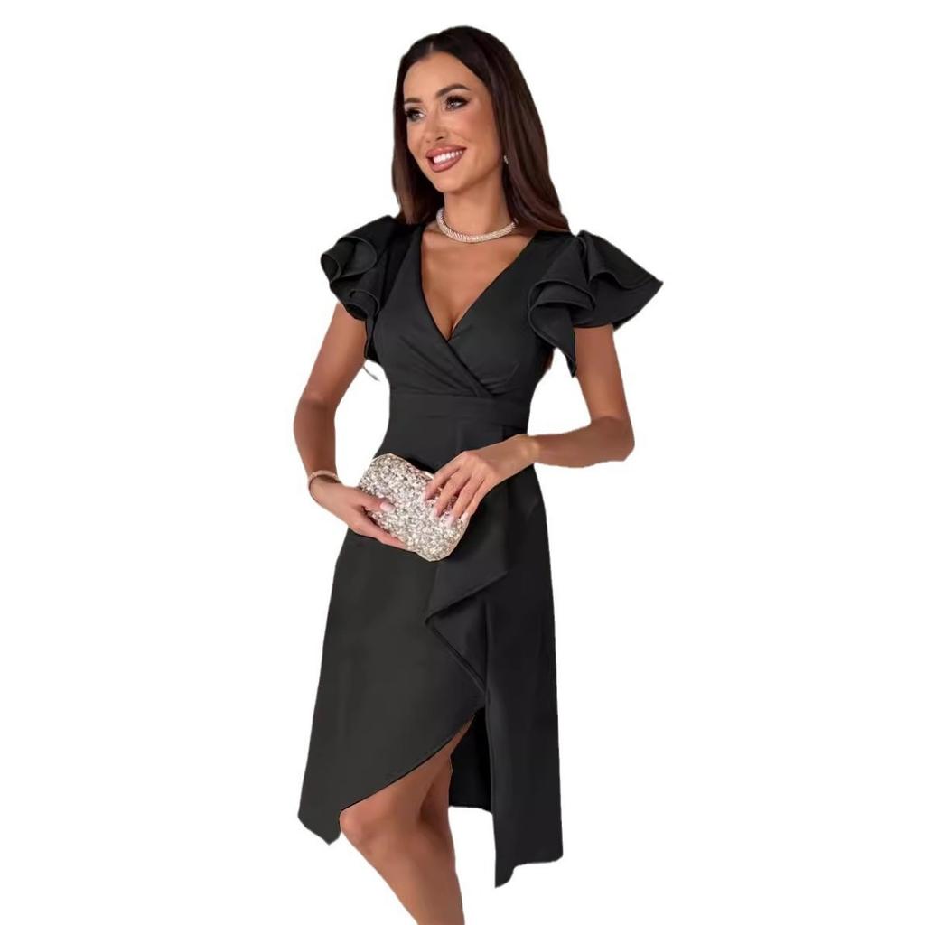 Women's Summer Sexy V-neck Ruffled Short Sleeve Bodycon Mini Dress, European American Style Casual Party Dress for Women