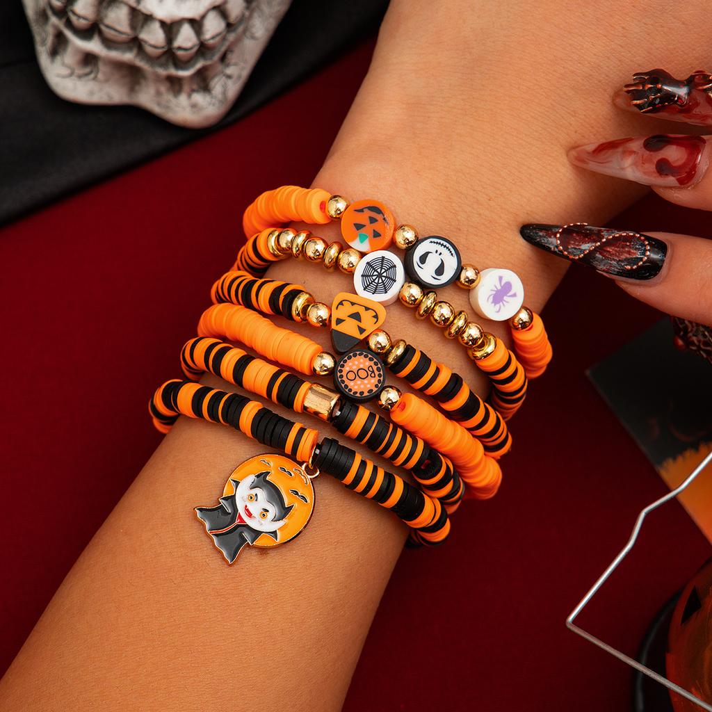 SHIXIN 6Pcs Halloween Spider Bat Ghost Pendant Bracelet Set for Women Men Gothic Soft Ceramic Bead Bangles Halloween Accessories
