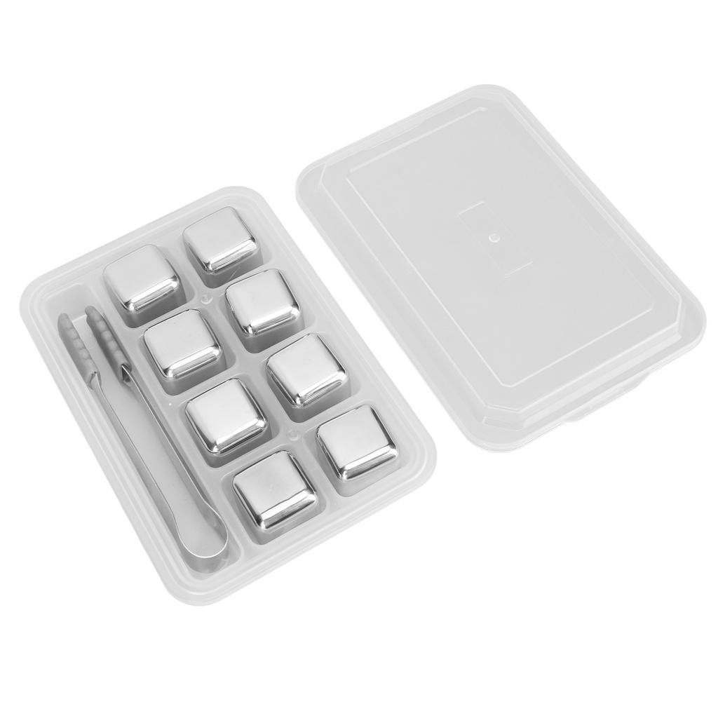 8 Stück Edelstahl Eiswürfel Set Spiegelglanz mit Clipbox Wiederverwendbar für Getränke Whiskey
