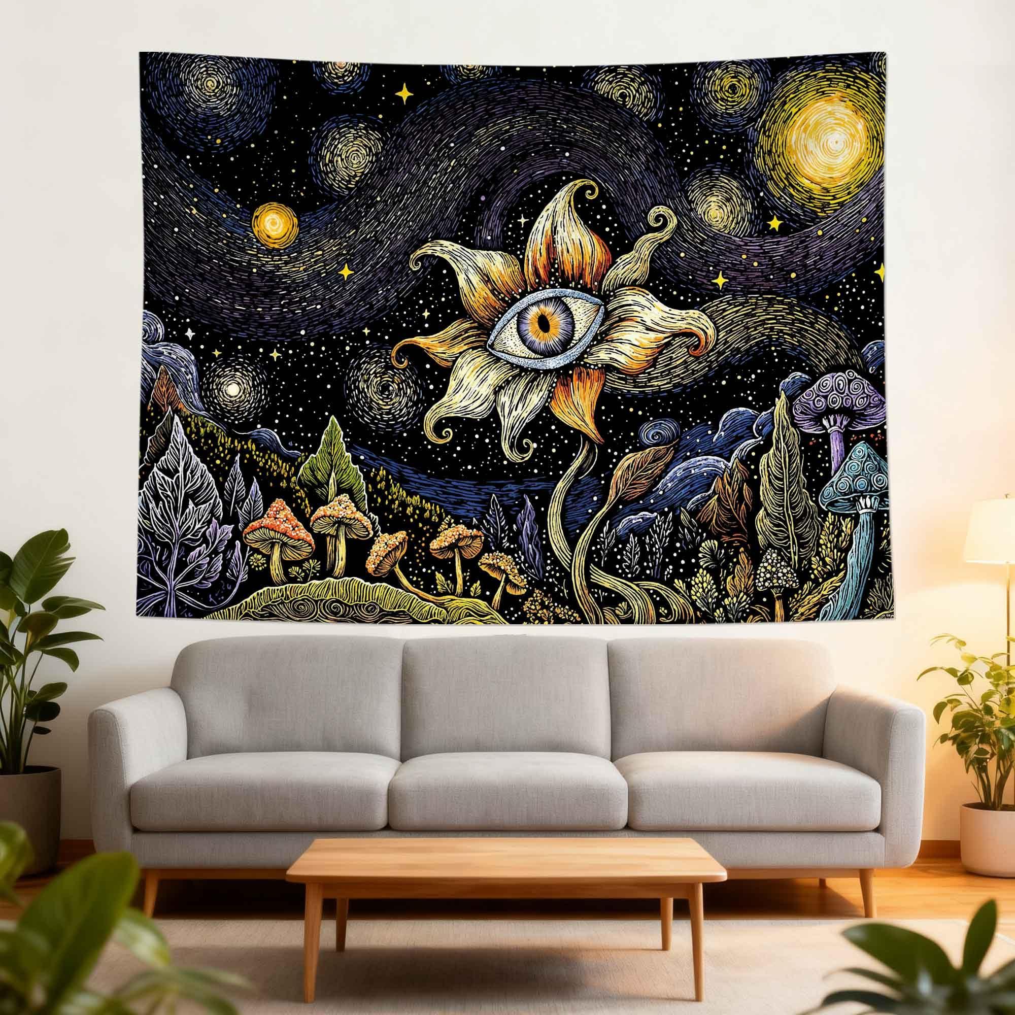 Tapestry Cosmic Flower Tapestries Mushroom Landscape Wall Hanging Starry Night Visionary Botanical Art Decor Bedroom 100X70CM