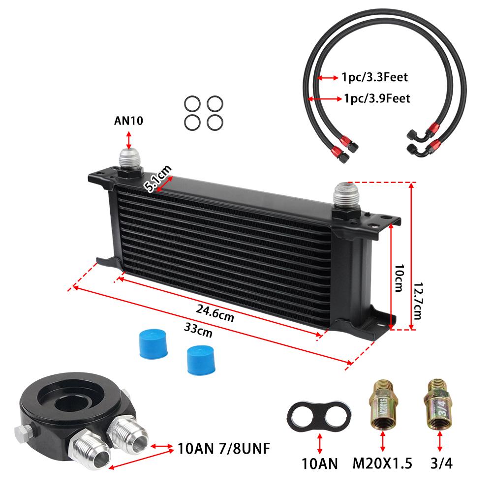 Universal 13 Rows Oil Cooler Kit, 10AN Transmission Engine Cooler w/Oil Filter Sandwich Adapter Nylon Braided Hose Line Kit